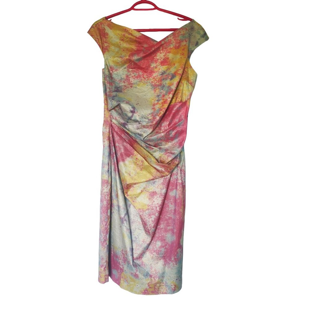 Flattering Teri Jon by Rickie Freeman Silver & Colourful Dress Size 12